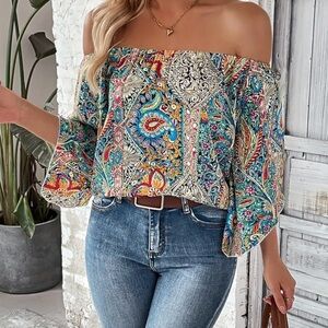 BOHO PAISLEY LIGHTWEIGHT OFF SHOULDERS FLARE SLEEVE BLOUSE